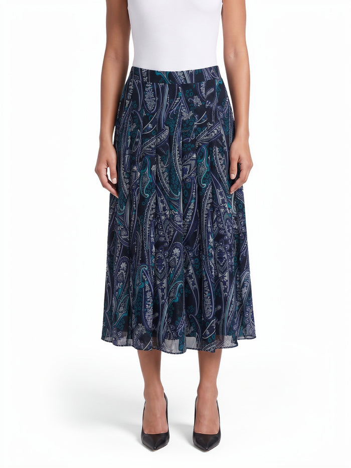 Pull-On Pleated Front Skirt, Black Paisley Multi | Kasper
