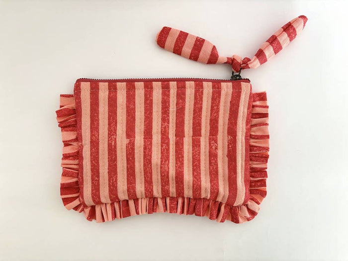 Pink and Red Stripes Quilted Pouch | Block-Printed Cotton