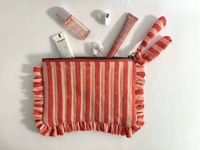 Pink and Red Stripes Quilted Pouch | Block-Printed Cotton