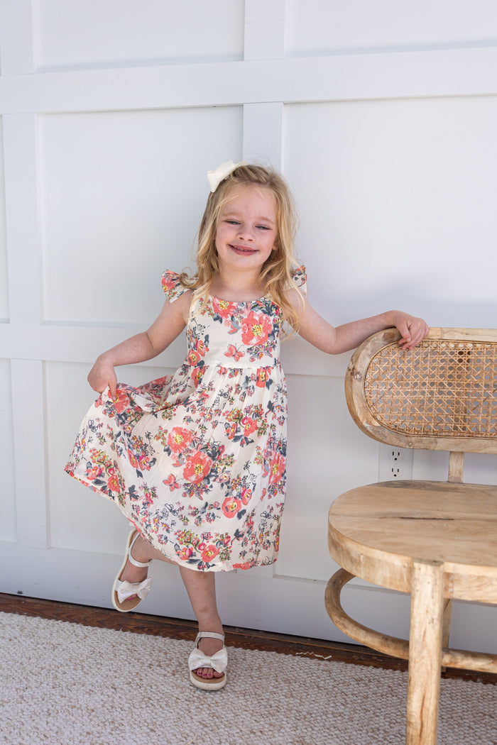 Pink Floral Print Sleeve Ruffled Gathered Dress dress & diaper cover Yo Baby India