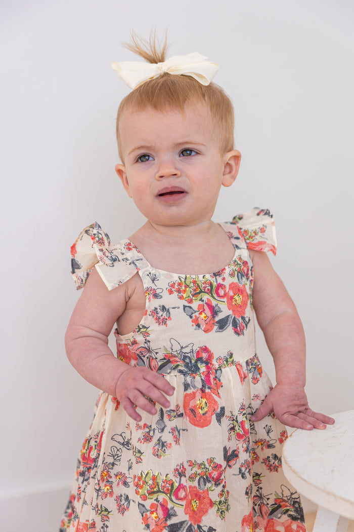 Pink Floral Print Sleeve Ruffled Gathered Dress – Infant Cotton-Lined Dress with Matching Bloomer
