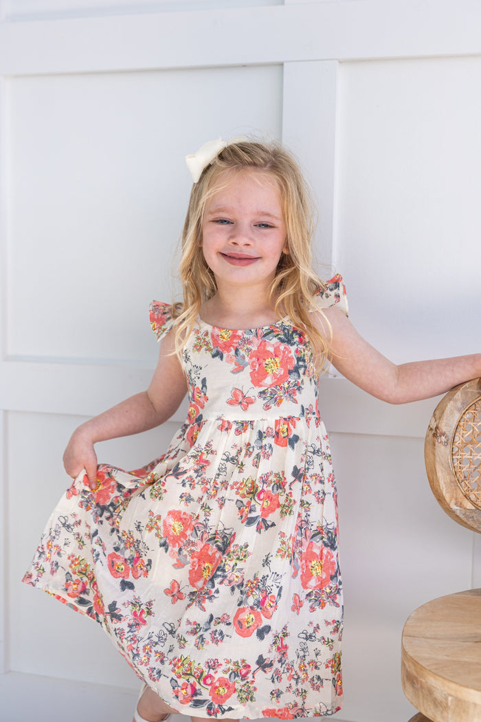 Pink Floral Print Sleeve Ruffled Gathered Dress dress & diaper cover Yo Baby India