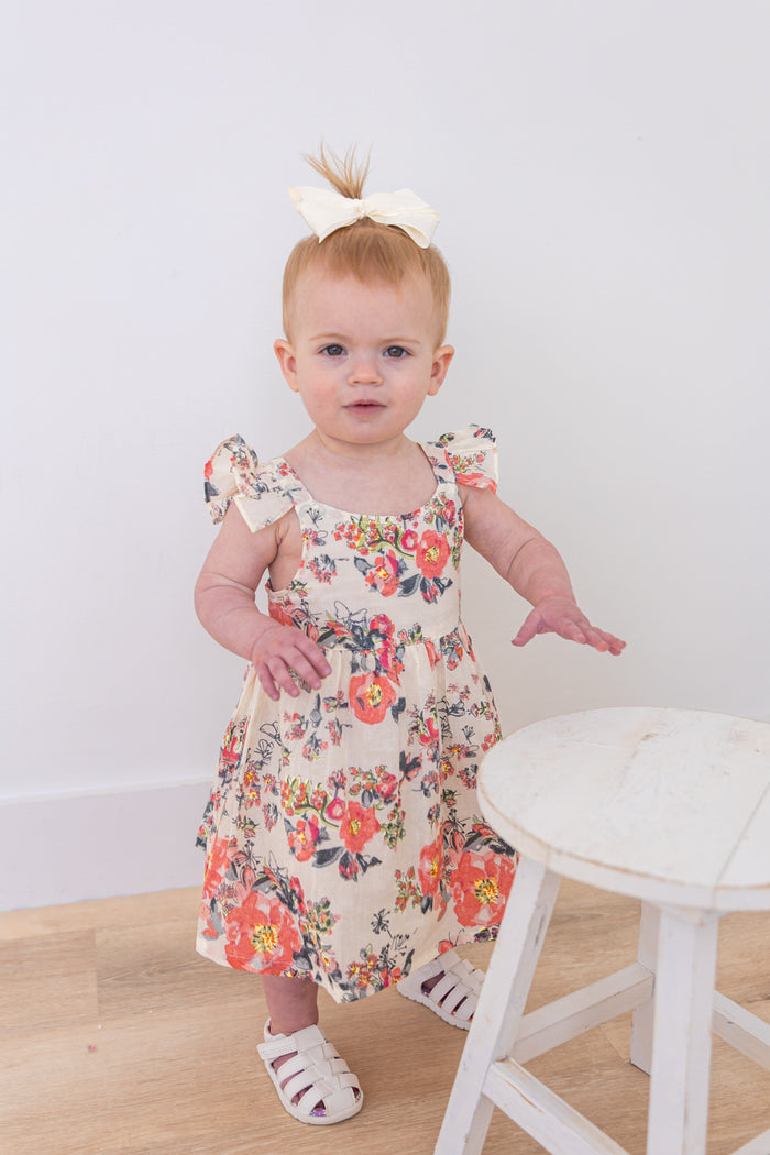 Pink Floral Print Sleeve Ruffled Gathered Dress dress & diaper cover Yo Baby India