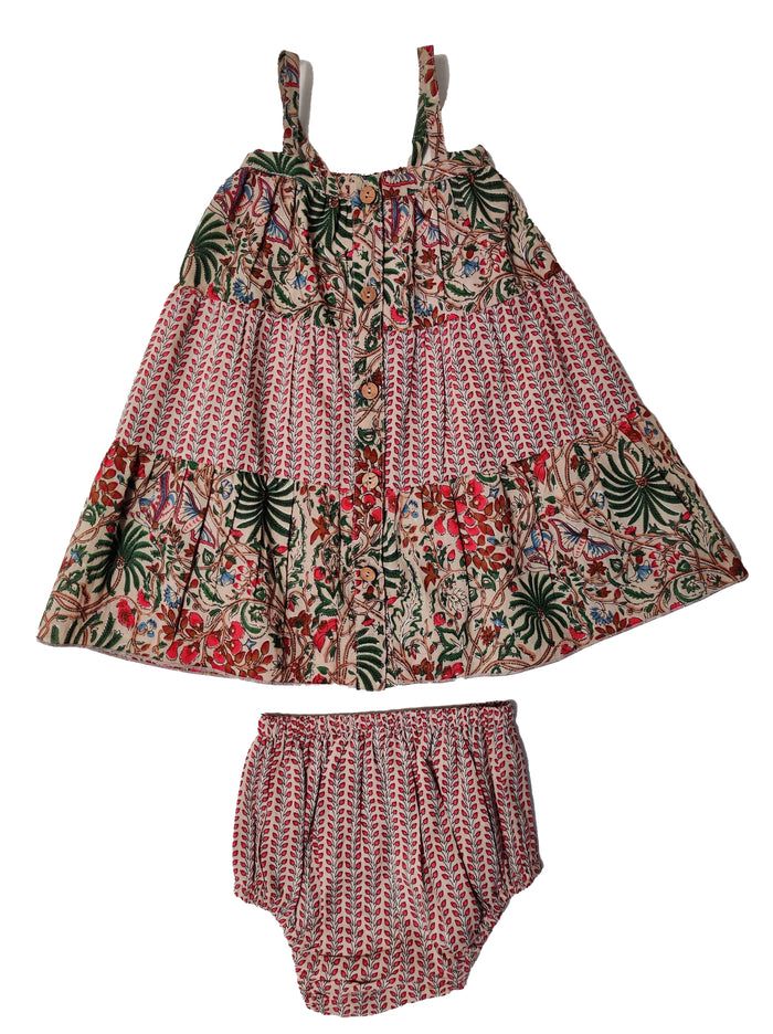 Pink on Beige Jungle Tiered Infant Dress with Matching Bloomers – Baby Girl Dress for Toddlers & Tweens