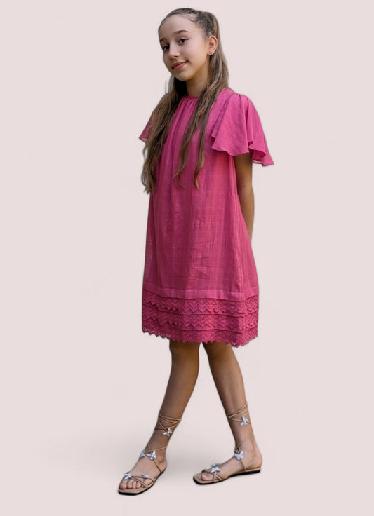 Pink Textured Checks Dress with Cap Sleeves & Lace Details dress & diaper cover Yo Baby India