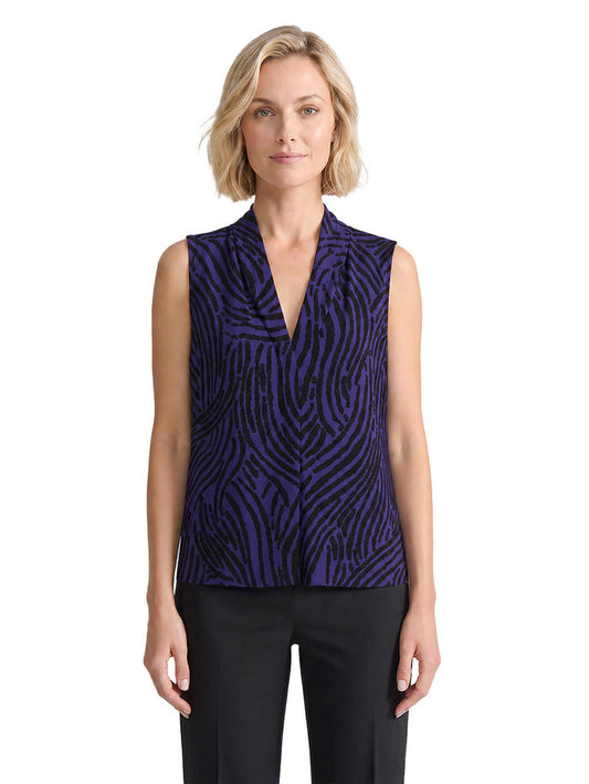 Placket Pleat Neck Sleeveless Blouse, Everyday Knit, Black/Regal Plum | Kasper