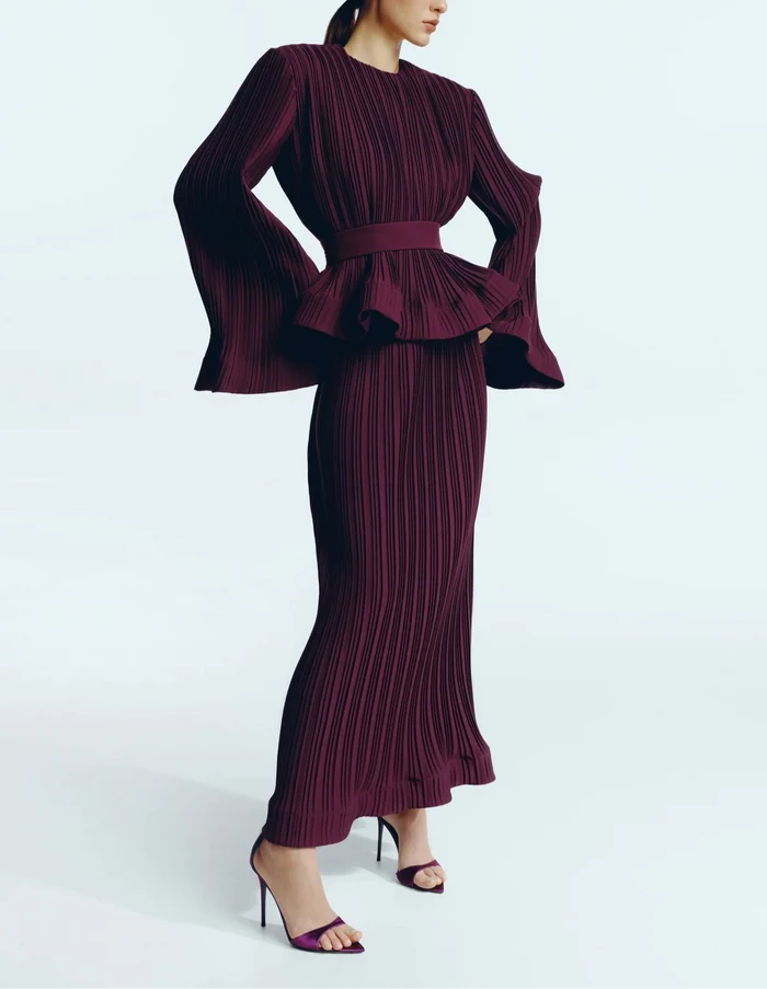 Pleated flared-sleeve top and maxi skirt set with waist belt – Rosiny