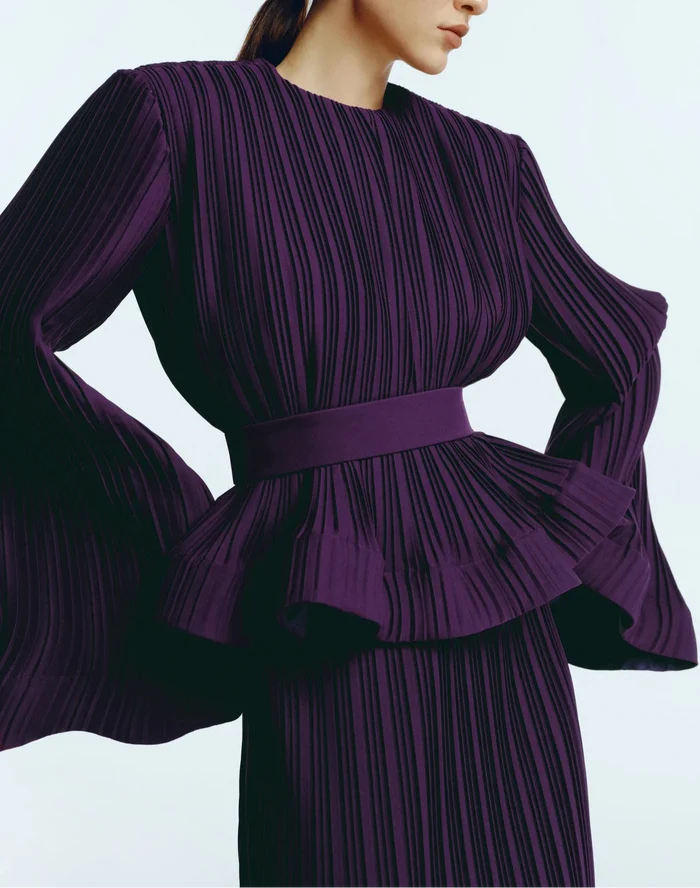 Pleated flared-sleeve top and maxi skirt set with waist belt – Rosiny