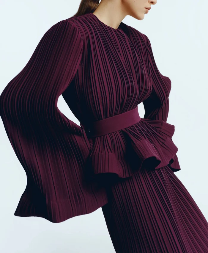 Pleated flared-sleeve top and maxi skirt set with waist belt – Rosiny