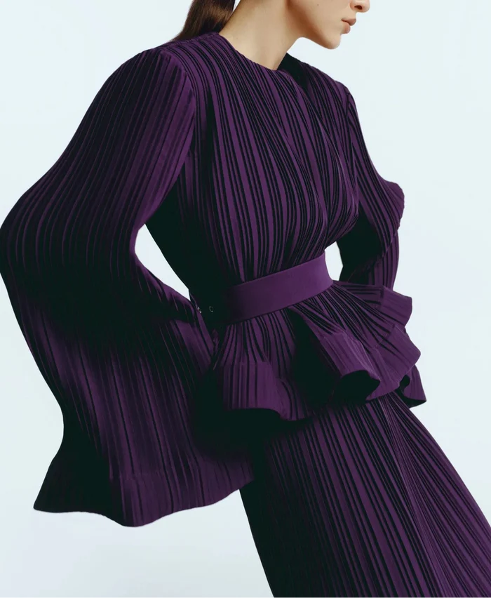 Pleated flared-sleeve top and maxi skirt set with waist belt – Rosiny