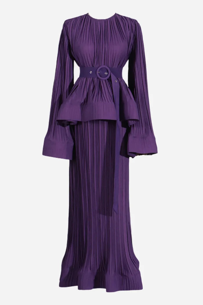 Pleated flared-sleeve top and maxi skirt set with waist belt – Rosiny