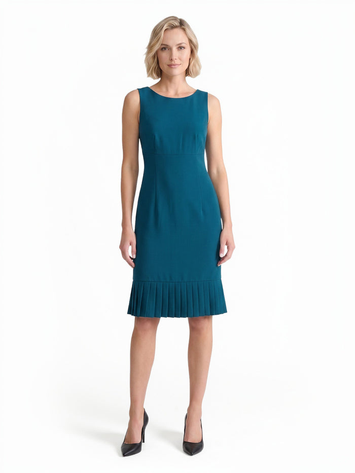 Pleated Hem Sheath Dress, Stretch Crepe, Bottle Teal | Kasper