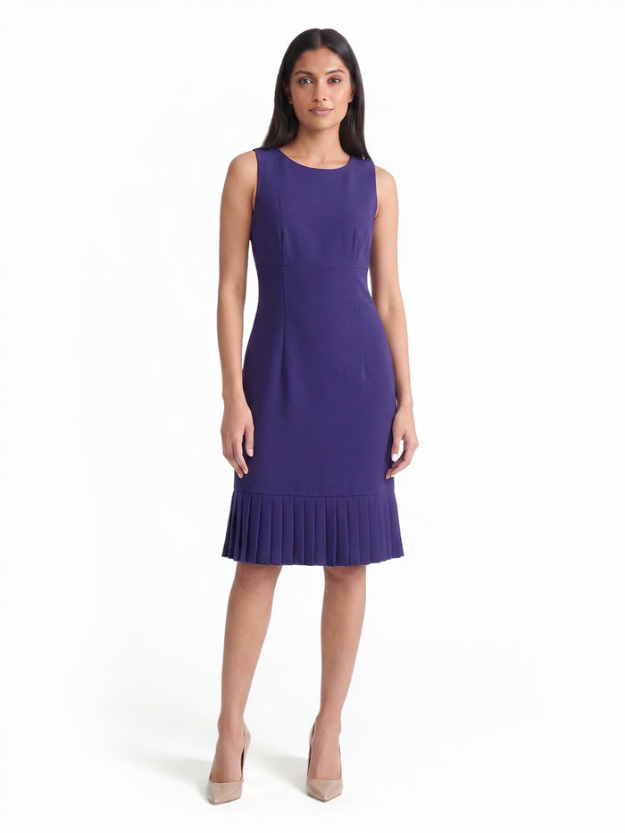 Pleated Hem Sheath Dress, Stretch Crepe, Regal Plum | Kasper