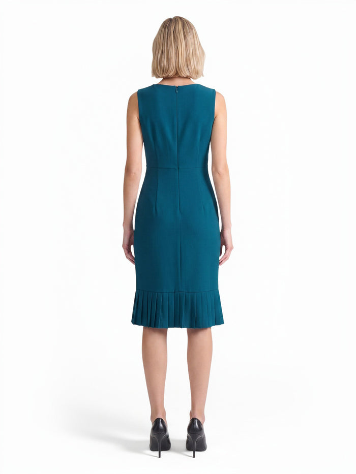 Pleated Hem Sheath Dress, Stretch Crepe, Bottle Teal | Kasper