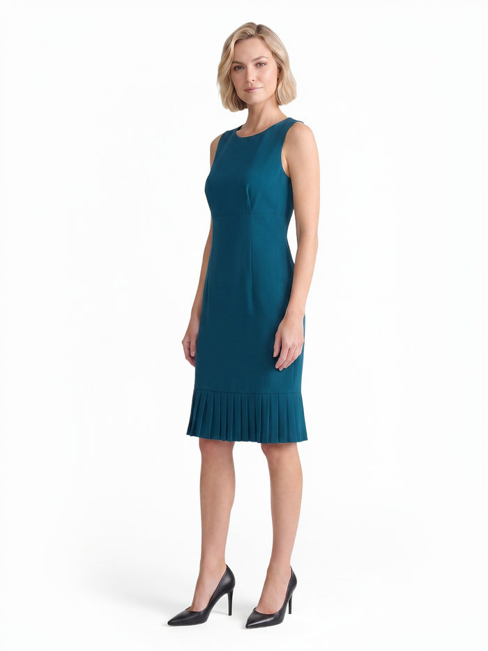 Pleated Hem Sheath Dress, Stretch Crepe, Bottle Teal | Kasper