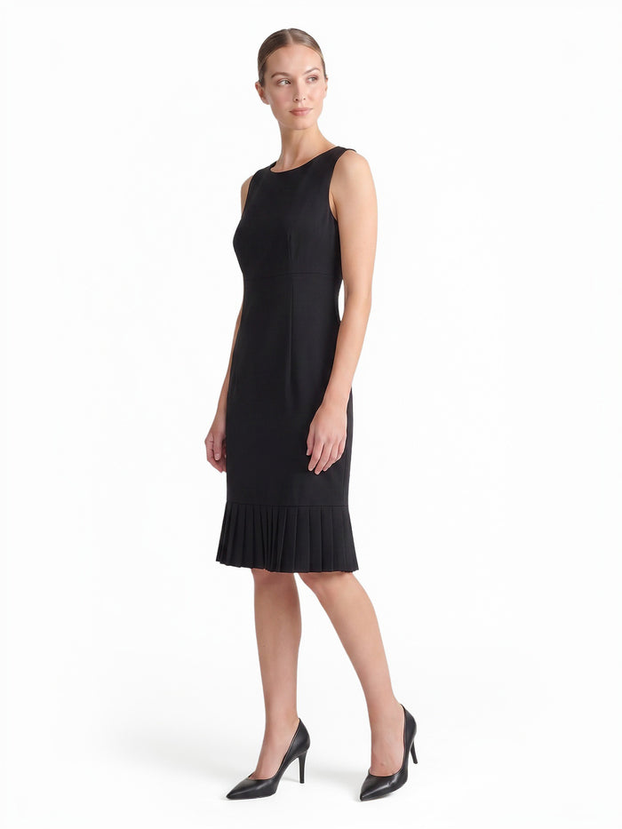 Pleated Hem Sheath Dress, Stretch Crepe, Black | Kasper