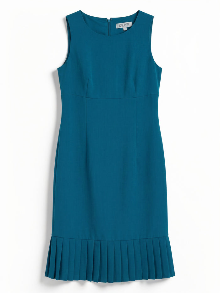 Pleated Hem Sheath Dress, Stretch Crepe, Bottle Teal | Kasper