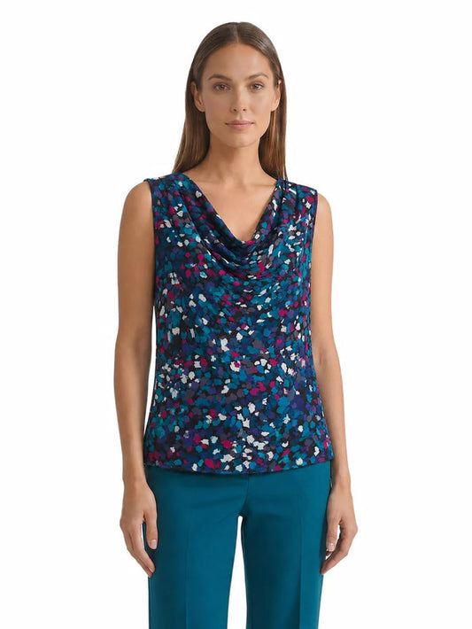 Pleated Shoulder Cowl Neck Blouse, Printed Satin, Black/Bottle Teal/Cerise Dotted Multi | Kasper