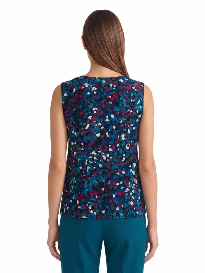 Pleated Shoulder Cowl Neck Blouse, Printed Satin, Black/Bottle Teal/Cerise Dotted Multi | Kasper