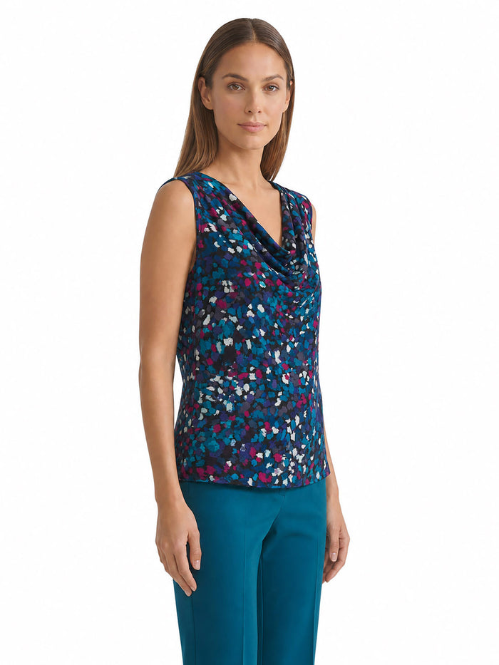 Pleated Shoulder Cowl Neck Blouse, Printed Satin, Black/Bottle Teal/Cerise Dotted Multi | Kasper