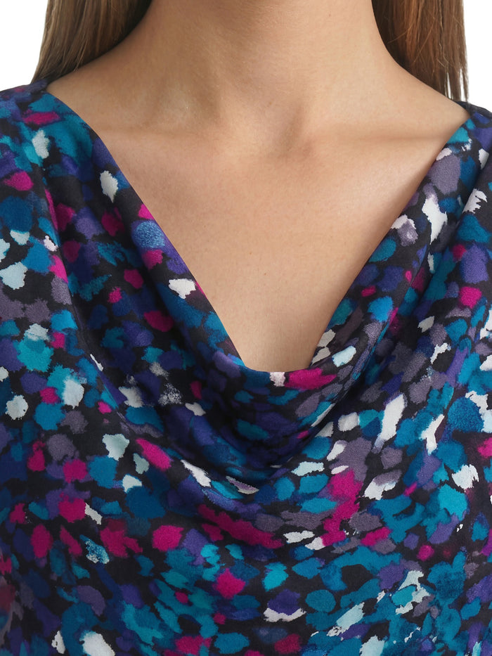 Pleated Shoulder Cowl Neck Blouse, Printed Satin, Black/Bottle Teal/Cerise Dotted Multi | Kasper