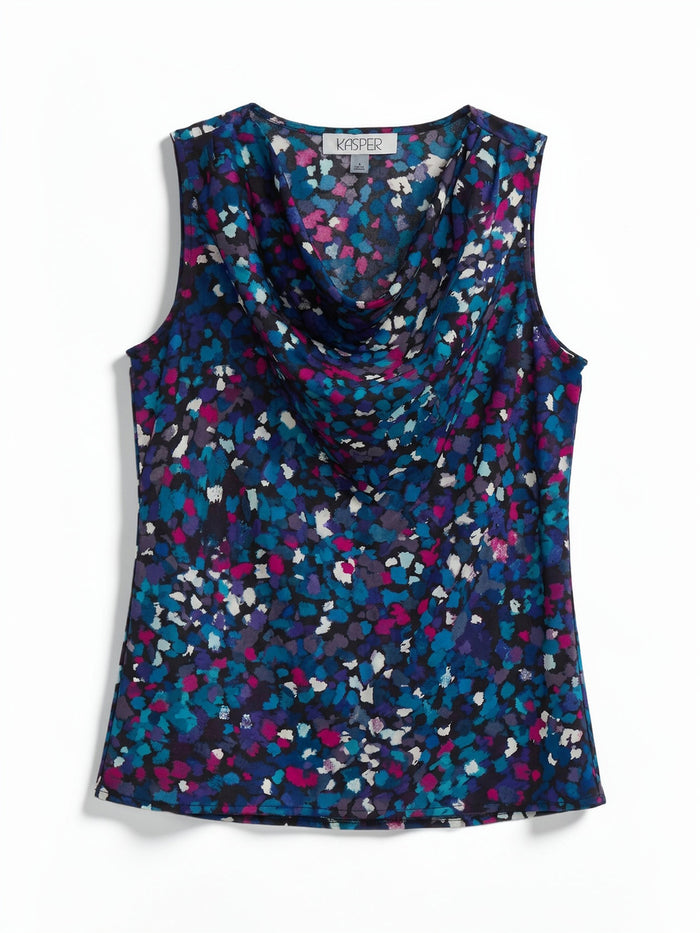 Pleated Shoulder Cowl Neck Blouse, Printed Satin, Black/Bottle Teal/Cerise Dotted Multi | Kasper