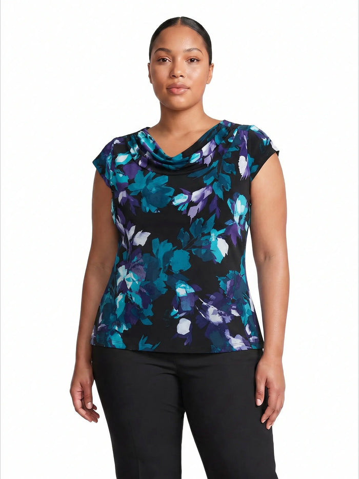 Plus Cowl Neck Top, Everyday Knit, Black/Bottle Teal Leaf Multi | Kasper