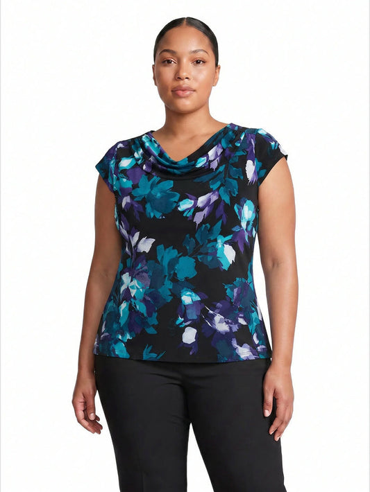 Plus Cowl Neck Top, Everyday Knit, Black/Bottle Teal Leaf Multi | Kasper