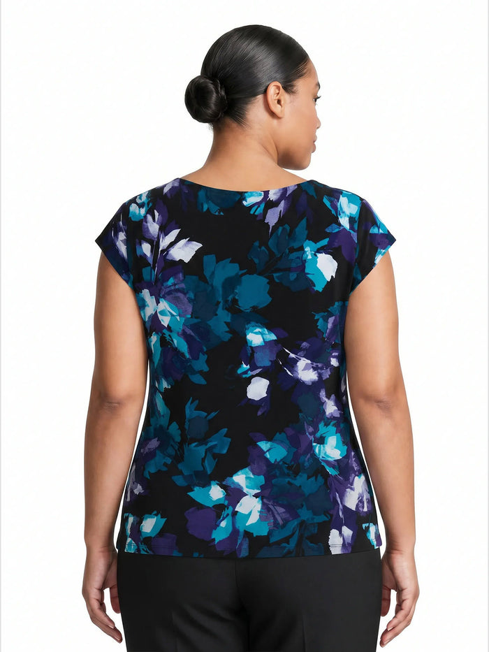 Plus Cowl Neck Top, Everyday Knit, Black/Bottle Teal Leaf Multi | Kasper