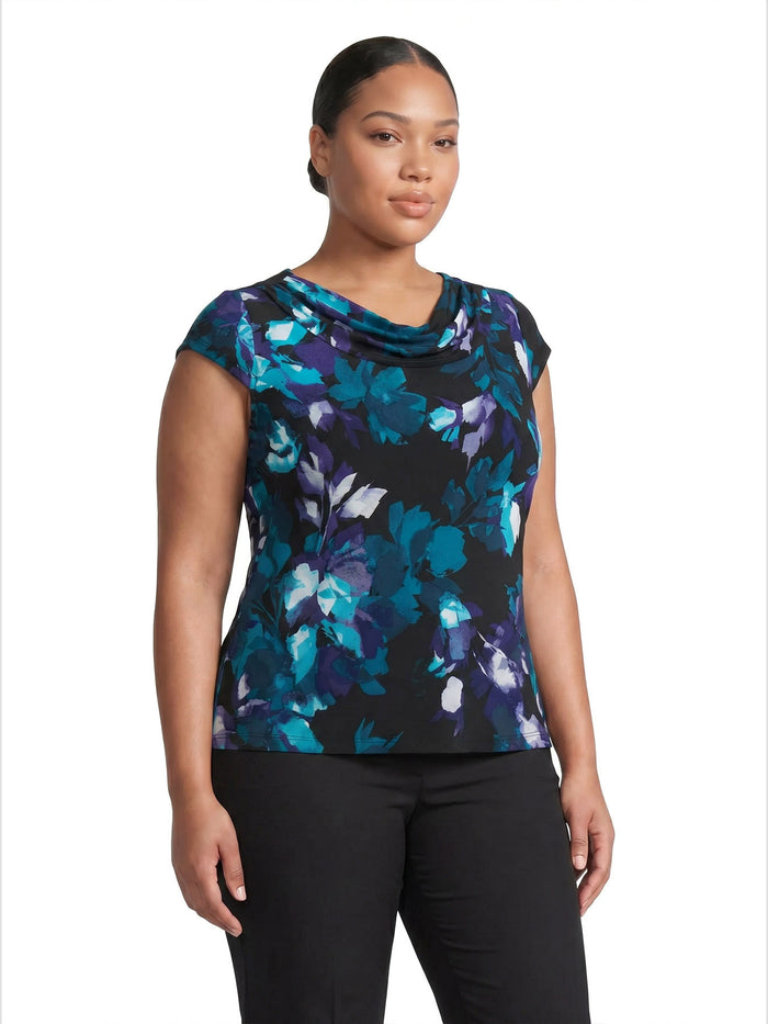 Plus Cowl Neck Top, Everyday Knit, Black/Bottle Teal Leaf Multi | Kasper