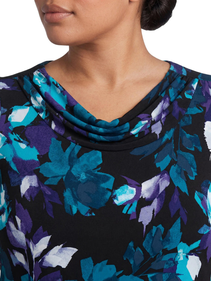 Plus Cowl Neck Top, Everyday Knit, Black/Bottle Teal Leaf Multi | Kasper