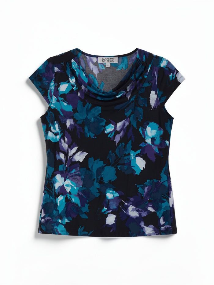Plus Cowl Neck Top, Everyday Knit, Black/Bottle Teal Leaf Multi | Kasper