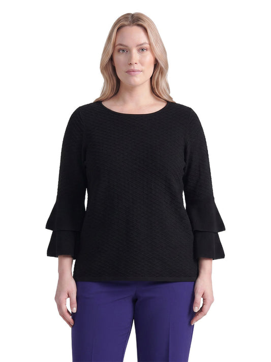 Plus Flare Sleeve Boat Neck Top, Black | Kasper