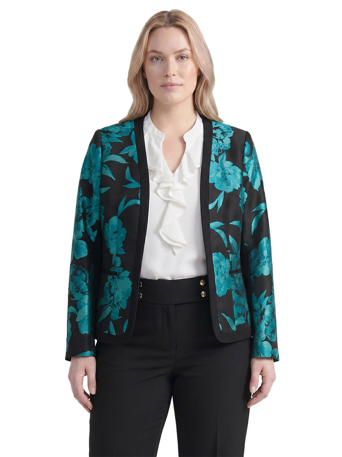 Plus Framed Open Front Jacket, Jacquard Compression, Bottle Teal Multi | Kasper