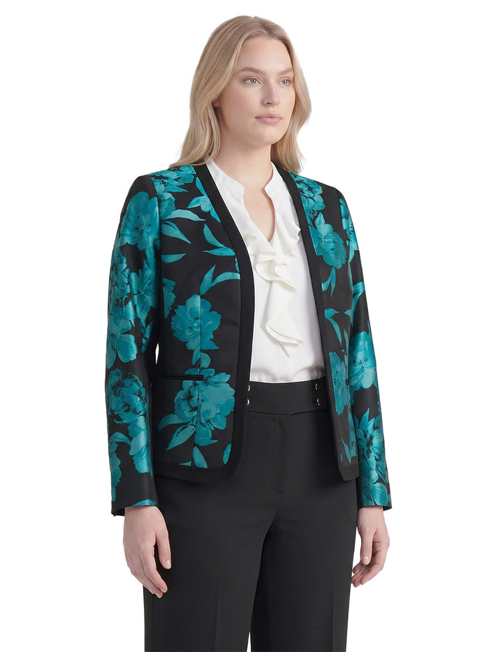 Plus Framed Open Front Jacket, Jacquard Compression, Bottle Teal Multi | Kasper