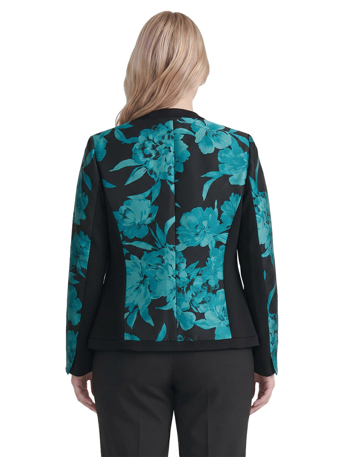 Plus Framed Open Front Jacket, Jacquard Compression, Bottle Teal Multi | Kasper
