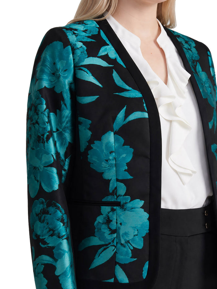 Plus Framed Open Front Jacket, Jacquard Compression, Bottle Teal Multi | Kasper