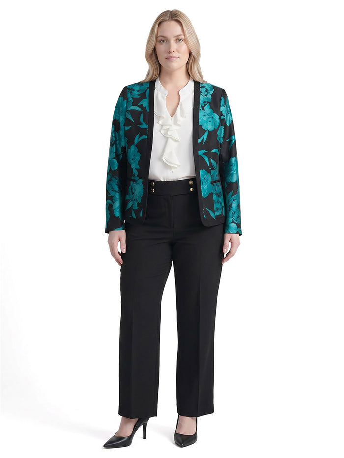 Plus Framed Open Front Jacket, Jacquard Compression, Bottle Teal Multi | Kasper