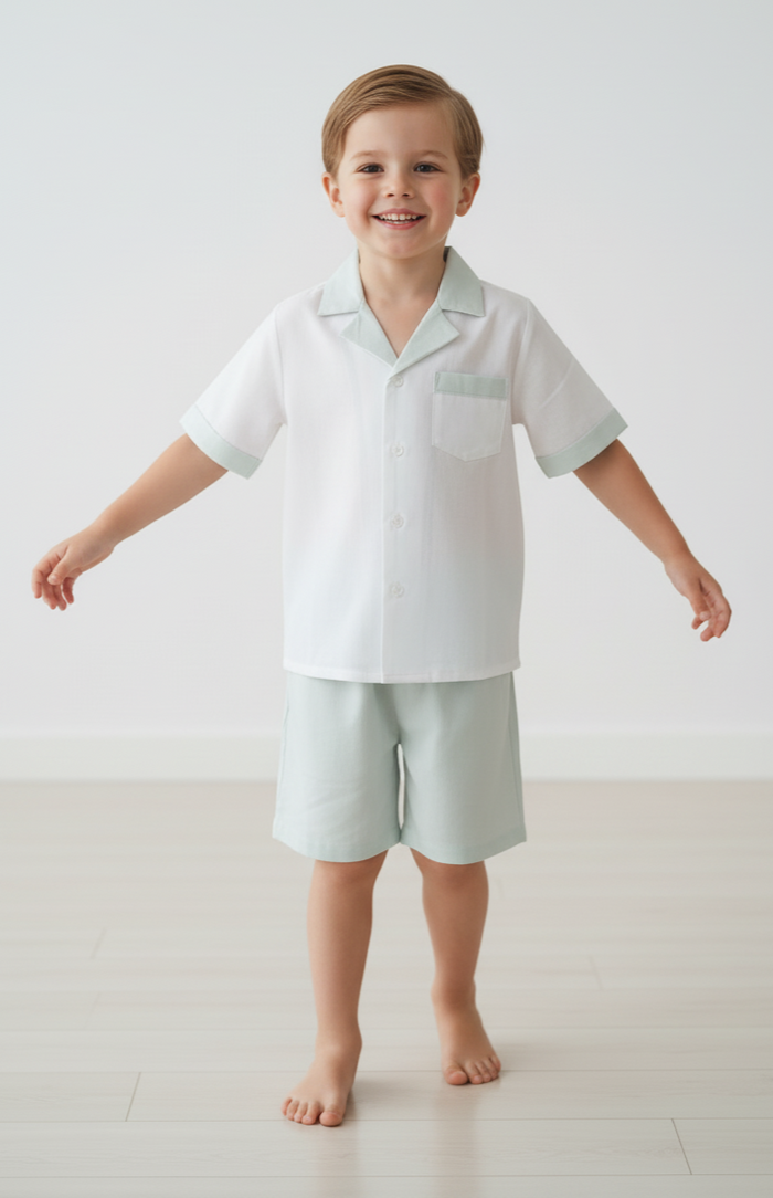 Powder Blue Easter Egg Hunt Shorts & Shirt Set – Infant, Toddler & Tween, Cotton, Mother of Pearl Buttons
