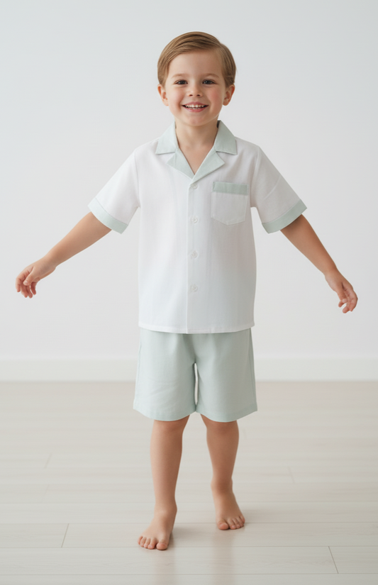 Powder Blue Easter Egg Hunt Shorts & Shirt Set – Infant, Toddler & Tween, Cotton, Mother of Pearl Buttons