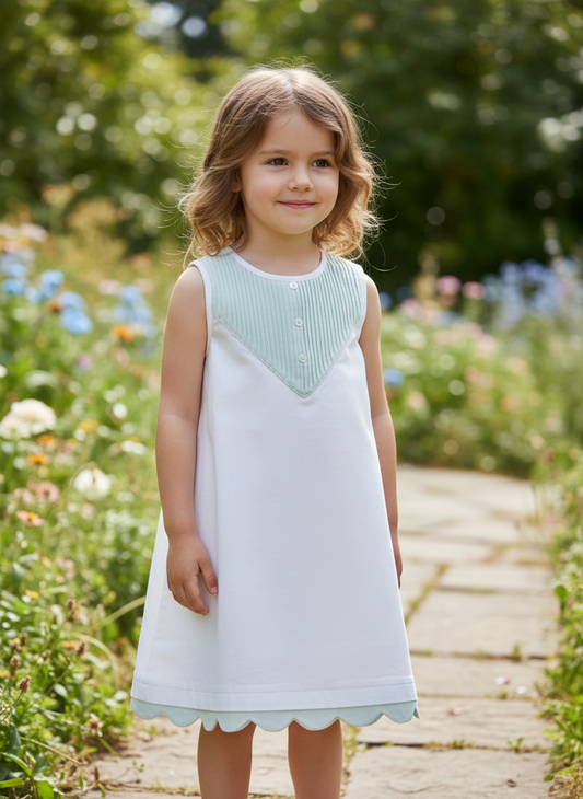 Powder Blue Eve Dress – Infant, Toddler & Tween, Cotton, Mother of Pearl Buttons, Bloomers Included