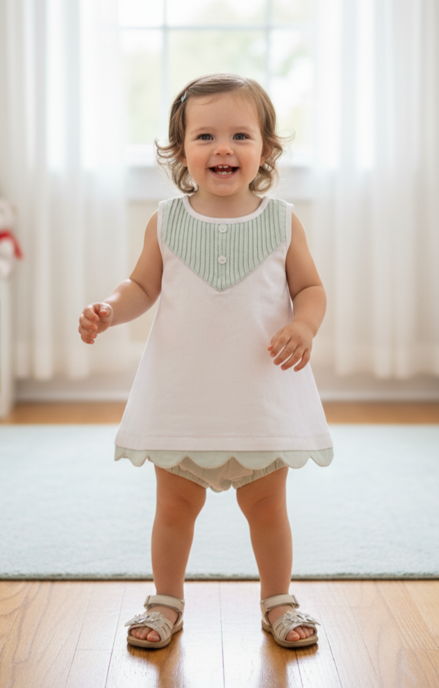 Powder Blue Eve Dress – Infant, Toddler & Tween, Cotton, Mother of Pearl Buttons, Bloomers Included