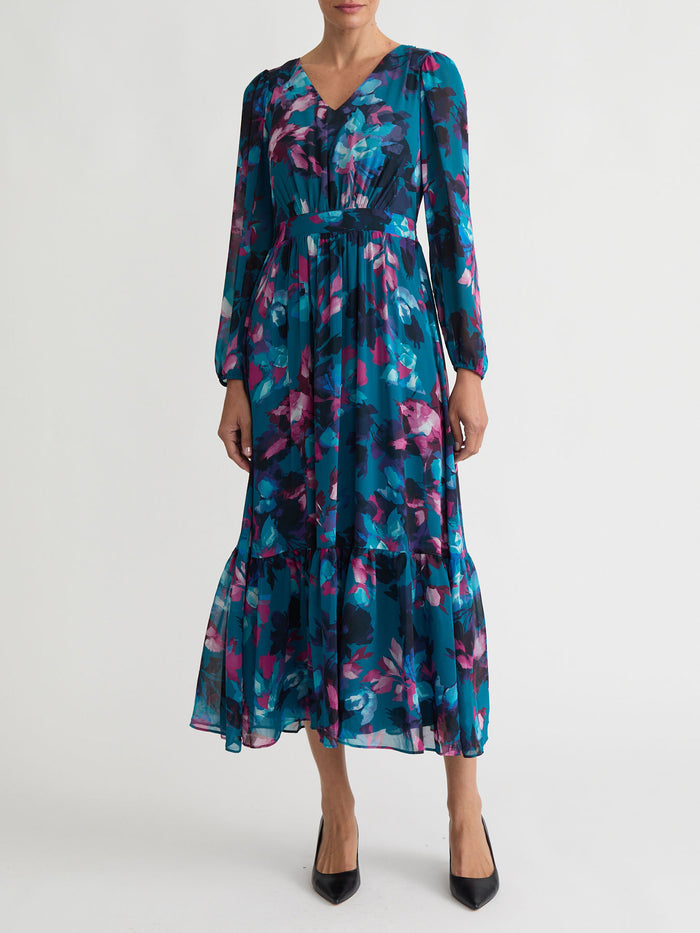 Printed Balloon Sleeve Tiered Dress, Bottle Teal Multi | Kasper