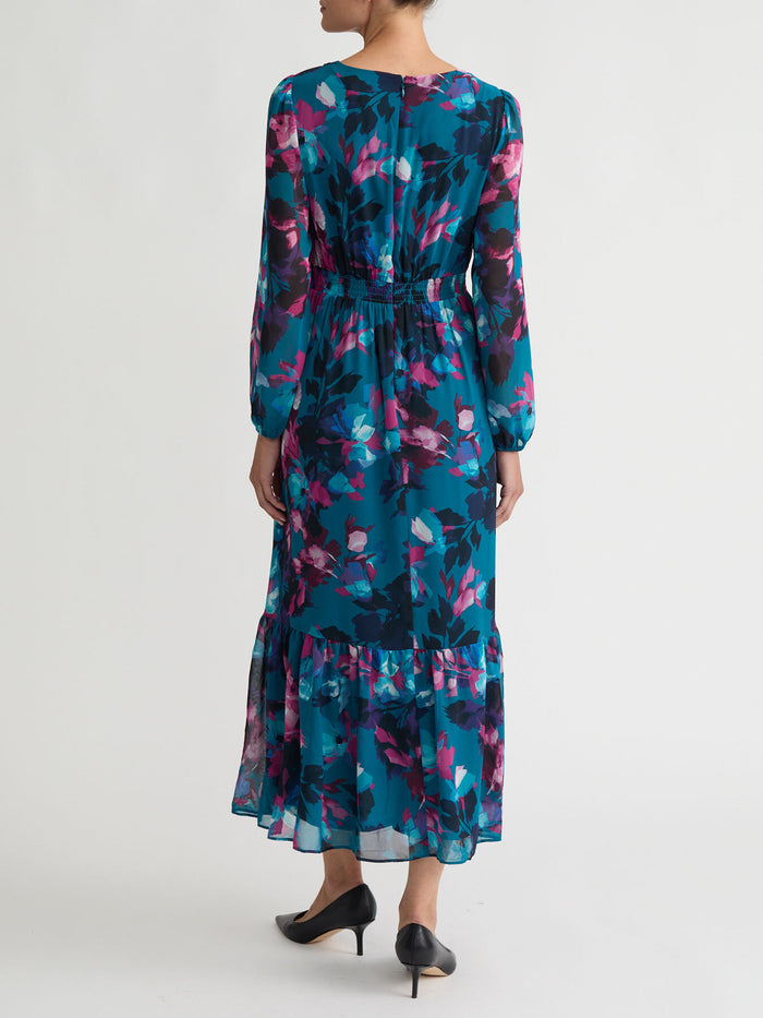 Printed Balloon Sleeve Tiered Dress, Bottle Teal Multi | Kasper