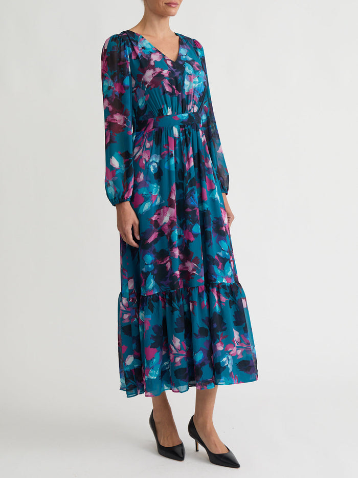 Printed Balloon Sleeve Tiered Dress, Bottle Teal Multi | Kasper