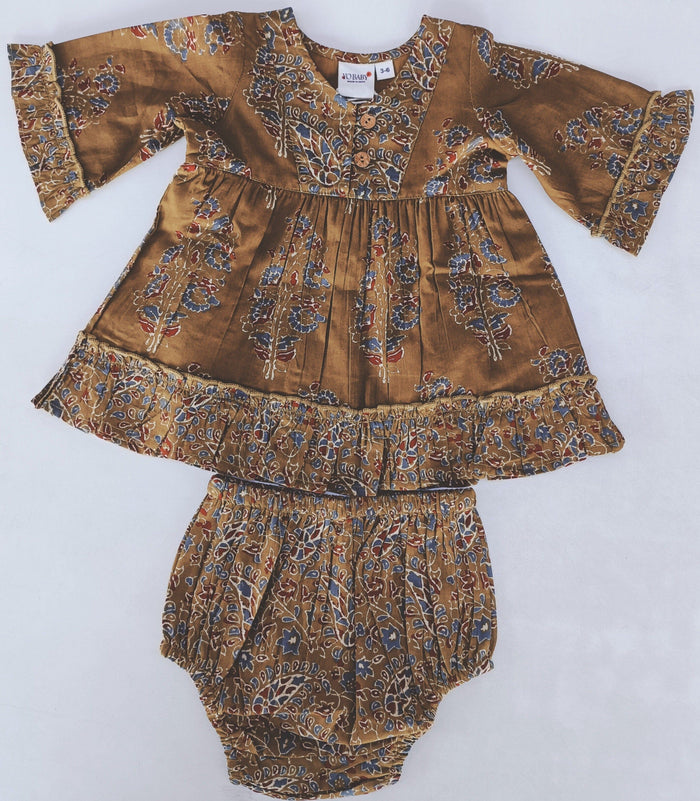 Printed Long-Sleeves Ruffle Dress & Diaper Cover Set dress & diaper cover Yo Baby India