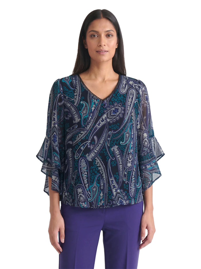 Printed V-Neck Flounce Sleeve Blouse, Black Paisley Multi | Kasper