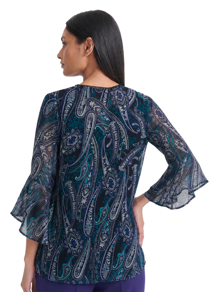 Printed V-Neck Flounce Sleeve Blouse, Black Paisley Multi | Kasper