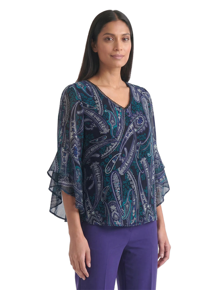 Printed V-Neck Flounce Sleeve Blouse, Black Paisley Multi | Kasper