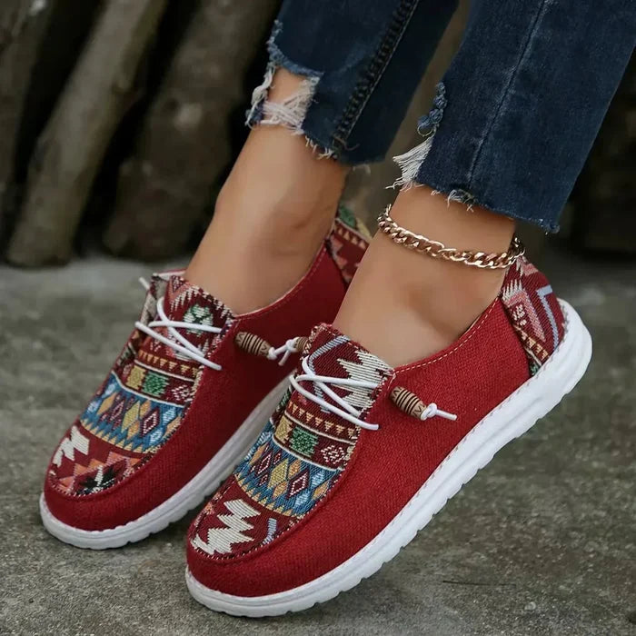 Quinn - Women's Casual Comfort Loafers with Ethnic Print and Lace-Up Detail